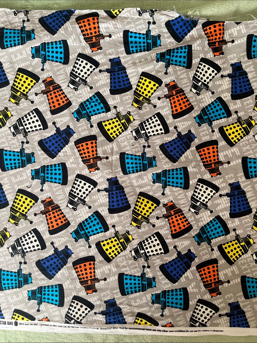 Dalek BBC Licensed Dr. Who print Cotton Fabric, approx 21” wide by 54” long